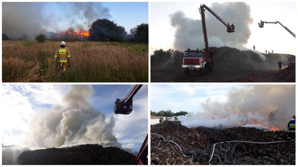 Duży pożar składowiska zrębków drewna w Strykowie, cały czas trwa dogaszanie. W akcji strażacy z całego województwa