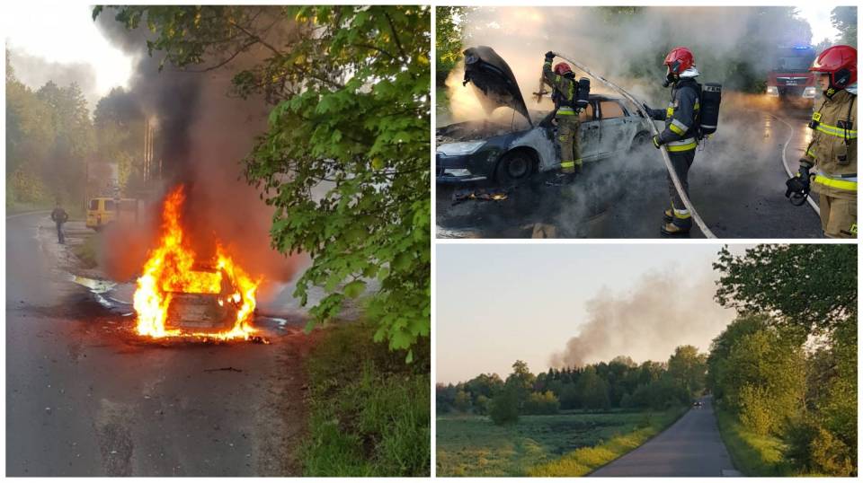 Pożar samochodu w gminie Zgierz. W akcji kilka zastępów strażaków