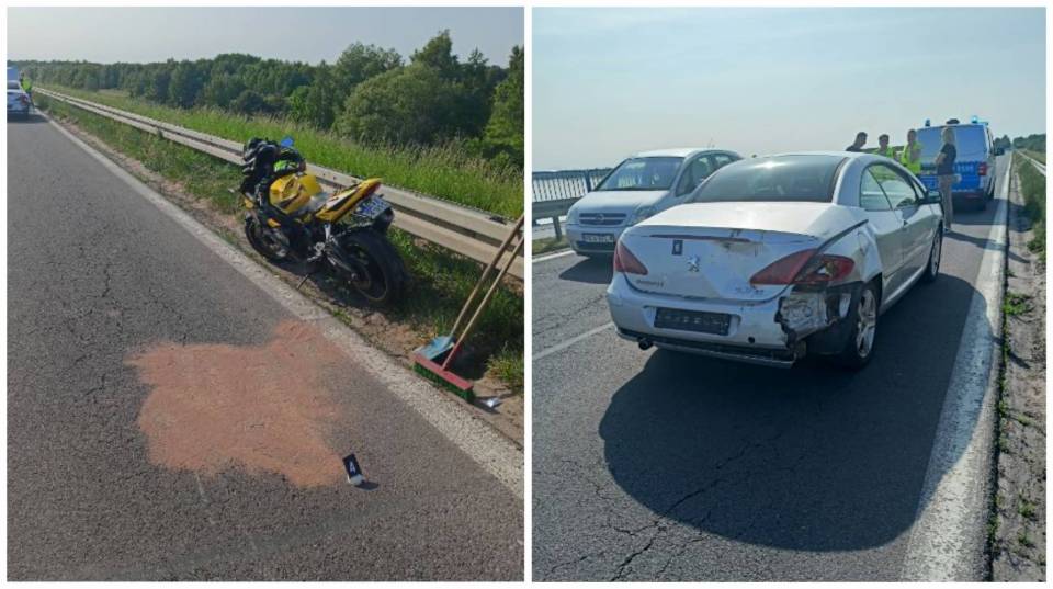 Niebezpiecznie w Łyszkowicach. Motocykl zderzył się z samochodem, do szpitala trafił kierowca jednośladu